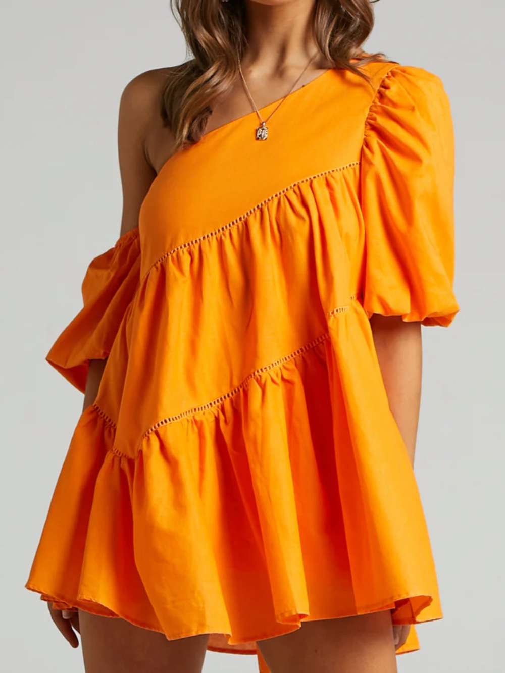 SHOWPO | Harleen Mini Dress
Linen Asymmetrical Trim Puff Sleeve Dress In Orange - Picture 2 of 8